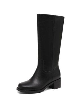 Women's Black Knee High Boots Square Toe Chunky Block Heel Long Boots